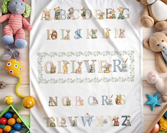 Personalized Animal Alphabet Baby Blanket Custom Name ABC Nursery Blanket Baby Shower Gift For Girl Or Boy Custom Toddler Name Throw