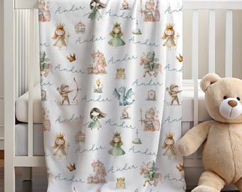 Personalized Princess Knight & Dragon Blanket Custom Name Kids Fairytale Castle Toddler Velveteen Blanket Storybook Nursery Decor