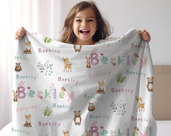 Personalized Kids Blanket Custom Name Baby Shower Gift Woodland Nursery Decor Kids Forest Animal Watercolor Letter Name Toddler Blanket