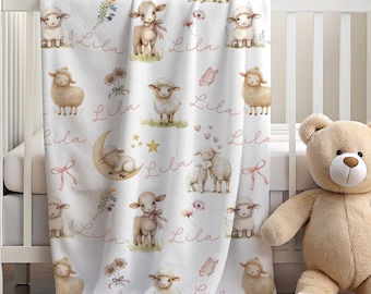 Personalized Lamb Kids Blanket Custom Name Velveteen Keepsake Blanket With Pastel Lambs Bows Stars Butterflies Sand Pink Baby Shower Gift