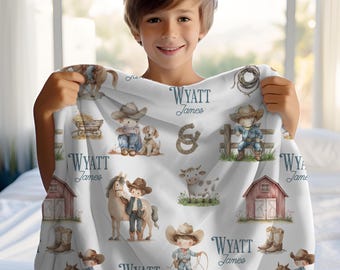 Cowboy Personalized Kids Blanket Custom Name Western Blanket With Horses Cow Barn Cowboy Boots Ranch Theme Nursery Birthday Baby Shower Gift