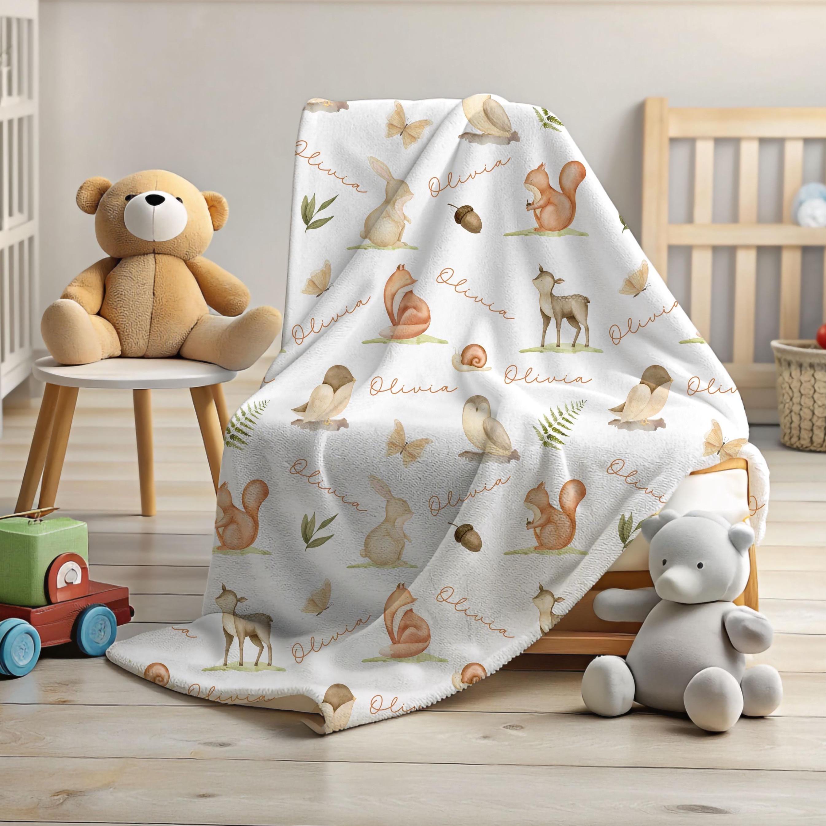Woodland Animal Kids Personalized Velveteen Blanket Deer Owl Squirrel Rabbit Fox, Animals Custom Nam