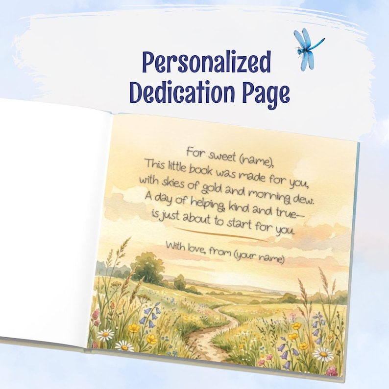 May include: A personalized dedication page in a book featuring a watercolor illustration of a meadow with wildflowers and a path under a golden sky. The text reads: For sweet (name), This little book was made for you, with skies of gold and morning dew.