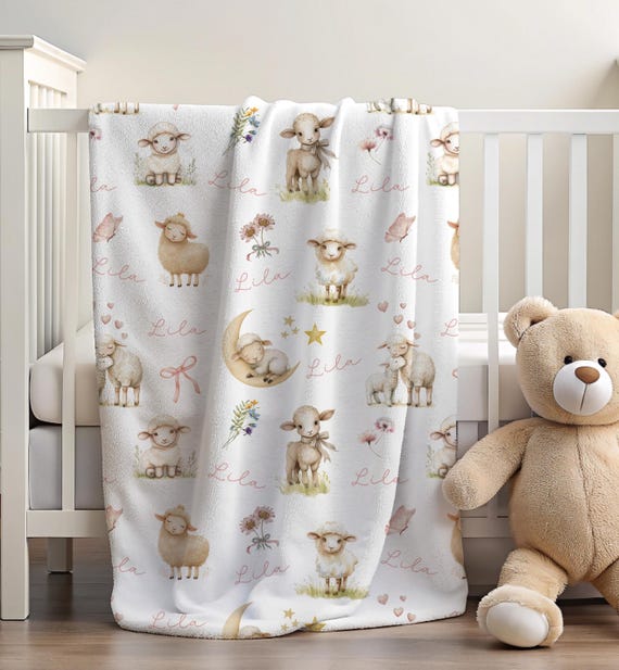 Personalized Lamb Kids Blanket Custom Name Velveteen Keepsake Blanket With Pastel Lambs Bows Stars Butterflies Sand Pink Baby Shower Gift
