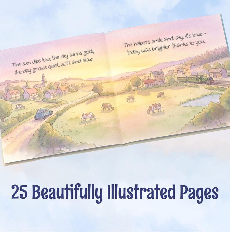 May include: An open children's book featuring a watercolor illustration of a rural landscape at sunset with cows, a train, and a car. The text reads: The sun dips low, the sky turns gold, the day grows quiet, soft and slow. The helpers smile and say, it's true&mdash;today was brighter thanks to you. 25 Beautifully Illustrated Pages.