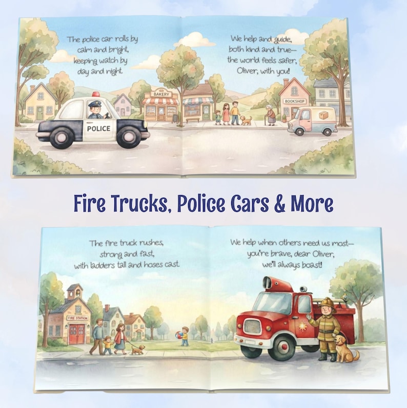 A double-page spread from a children's book, illustrating emergency vehicles. One page depicts a police car, the other a fire engine. Text includes the title "Fire Trucks, Police Cars & More."
