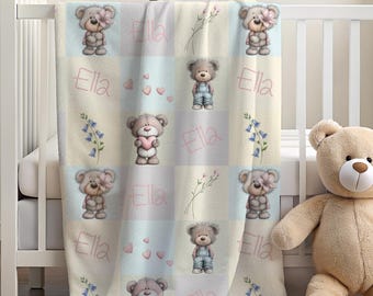 Personalized Checkered Pastel Teddy Bear Blanket Custom Name Kids Patchwork Blanket Vintage Style Nursery Decor Boy Or Girl Baby Gift