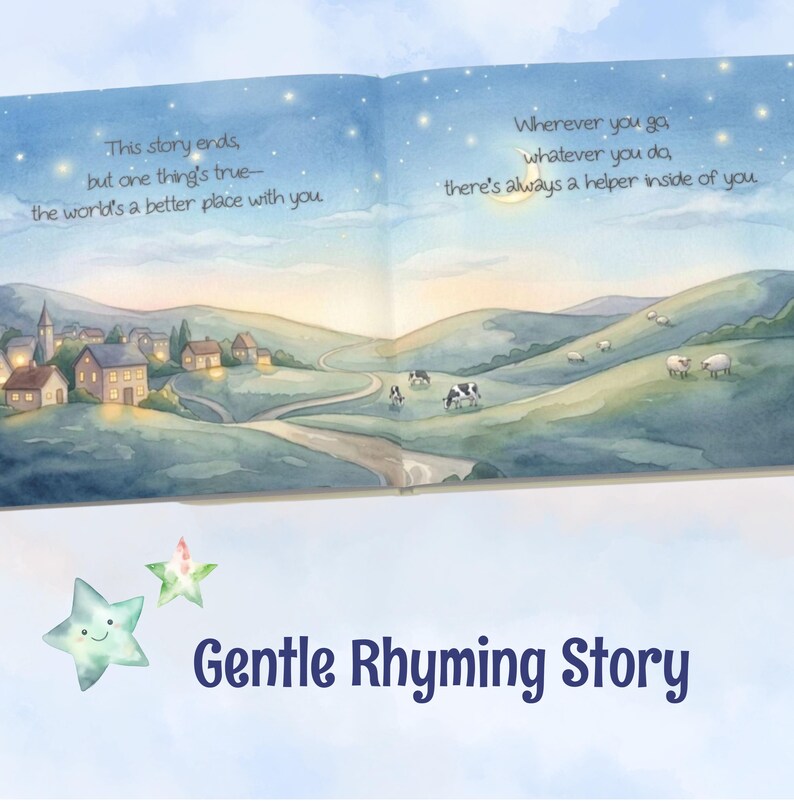 May include: An open children's book page featuring a watercolor landscape of a village and rolling hills at twilight with a crescent moon and stars. The text reads: This story ends, but one thing's true&mdash;the world's a better place with you. Wherever you go, whatever you do, there's always a helper inside of you. Below, two smiling star illustrations accompany the text: Gentle Rhyming Story.