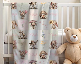 Personalized Kids Bunny Blanket Pastel Checkered Custom Name Kids Floral Rabbit Velveteen Patchwork Blanket Bunny Nursery Decor