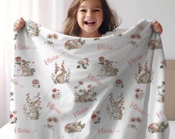 Personalized Rabbit Custom Kids Name Blanket With Bunnies And Flowers Velveteen Blankie Pink And White Baby Shower Gift Bunny Nursery Decor