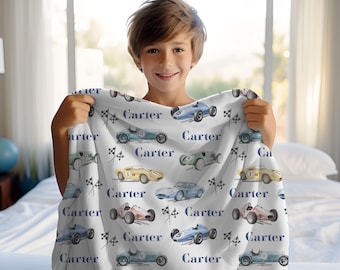Race Cars Personalized Kids Blanket Custom Name Velveteen Blanket Gift Race Car Design For Boys Girls Room Kids Baby Shower Birthday Gift