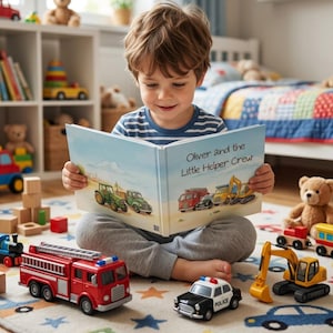 A little boy sitting on his bedroom floor surrounded by toys and holding a book with the title, “Oliver and the Little Helper Crew”.