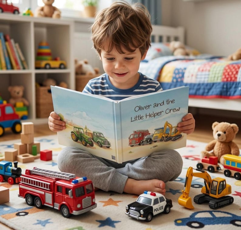 A little boy sitting on his bedroom floor surrounded by toys and holding a book with the title, “Oliver and the Little Helper Crew”.