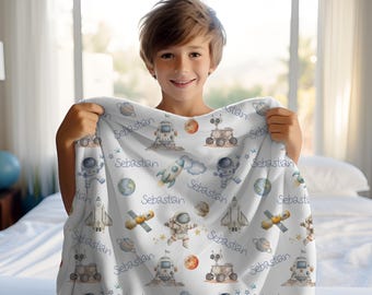 Personalized Space Blanket Astronauts Planets Rockets Satellites Moon Rover Kids Custom Name Blanket Gift Birthday Baby Shower Space Decor