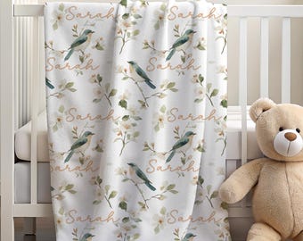Personalized Bird Baby Blanket Custom Name Velveteen Blanket Blue Peach Green Bird And Flowers Kids Toddler Blanket Nursery Baby Shower Gift