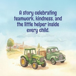 May include: A watercolor illustration featuring a green tractor and a green truck with a wooden trailer on a dirt path. The text reads: A story celebrating teamwork, kindness, and the little helper inside every child. A village is in the background.