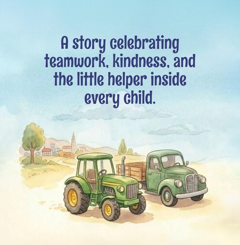 May include: A watercolor illustration featuring a green tractor and a green truck with a wooden trailer on a dirt path. The text reads: A story celebrating teamwork, kindness, and the little helper inside every child. A village is in the background.