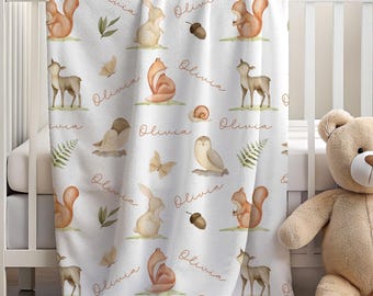 Woodland Animal Kids Personalized Blanket Deer Owl Squirrel Rabbit Fox Custom Name Forest Animals For Boys Girls Birthday Baby Shower Gift