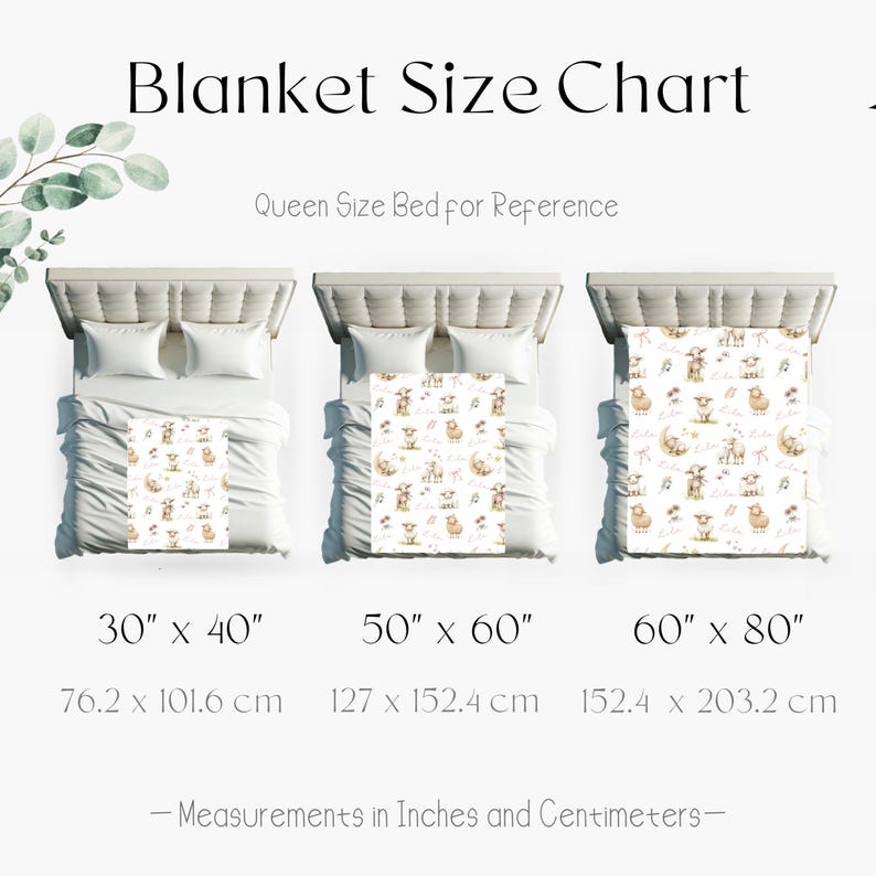 Puede incluir: Un cuadro de tallas de mantas con tres ejemplos en camas queen-size. Las mantas tienen un estampado de ovejas y notas musicales. Los tama&ntilde;os son 76,2 x 101,6 cm, 127 x 152,4 cm y 152,4 x 203,2 cm.