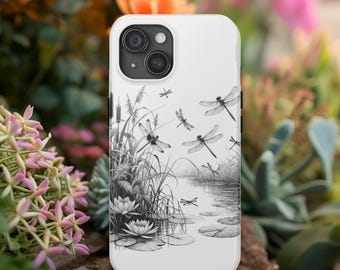 Dragonfly nature lover iPhone Samsung Galaxy phone case line art dragonfly lover pond and cattails phone case black and white dragonfly case
