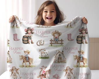 Personalized Cowgirl Kids Blanket Custom Name Western Horse Blanket for Girls Pink Cowgirl Nursery Gift Toddler Horse Girl Blanket
