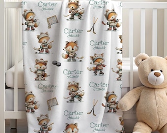 Personalized Hockey Kids Blanket Woodland Animal Winter Hockey Fox Blanket Velveteen Custom Name Sports Nursery Decor Baby Gift Canada Theme