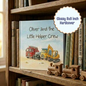 A book on a child's bookshelf with the title, “Oliver and the Little Helper Crew”.