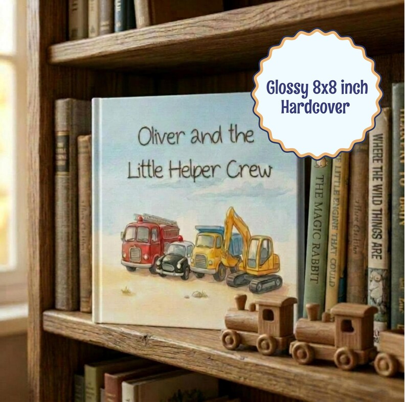 A book on a child's bookshelf with the title, “Oliver and the Little Helper Crew”.