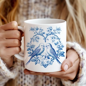 France Cottage Blue Toile Lovebird Mug French Country Cottagecore Gift For Her Bird Couple Cup Gift For Romantic Lovebirds Anniversary Cup