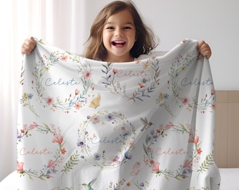 Wildflower Wreath Personalized Blanket Custom Name Butterflies Hummingbirds Flowers Nursery Blanket Gift For Kids Birthdays Baby Showers
