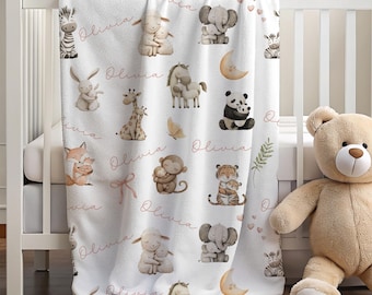 Personalized Baby Name Blanket Animal Mom & Baby Blanket Custom Name Animal Theme Nursery Blanket With Optional Matching Book