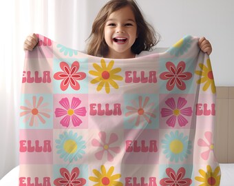 Personalized Retro Checkered Flower Blanket Boho 70s Custom Name Blanket Groovy Kids Teen Blanket Retro Flower Power Velveteen Throw