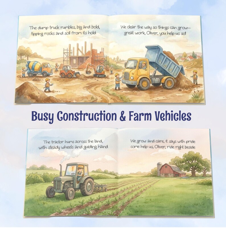 May include: A children's book titled Busy Construction & Farm Vehicles featuring watercolor illustrations of construction sites with dump trucks and excavators, and farm scenes with a green tractor in a field, including printed rhyming text.