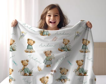 Manta de osito de peluche personalizada con nombre personalizado para niños, decoración de guardería, regalo de cumpleaños para baby shower con ositos de peluche, acogedora manta de terciopelo