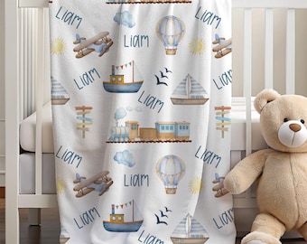 Personalized Transportation Theme Kids Blanket Custom Name Baby Blanket Trains Planes Boats Hot Air Balloon Blanket Travel Theme Baby Gift