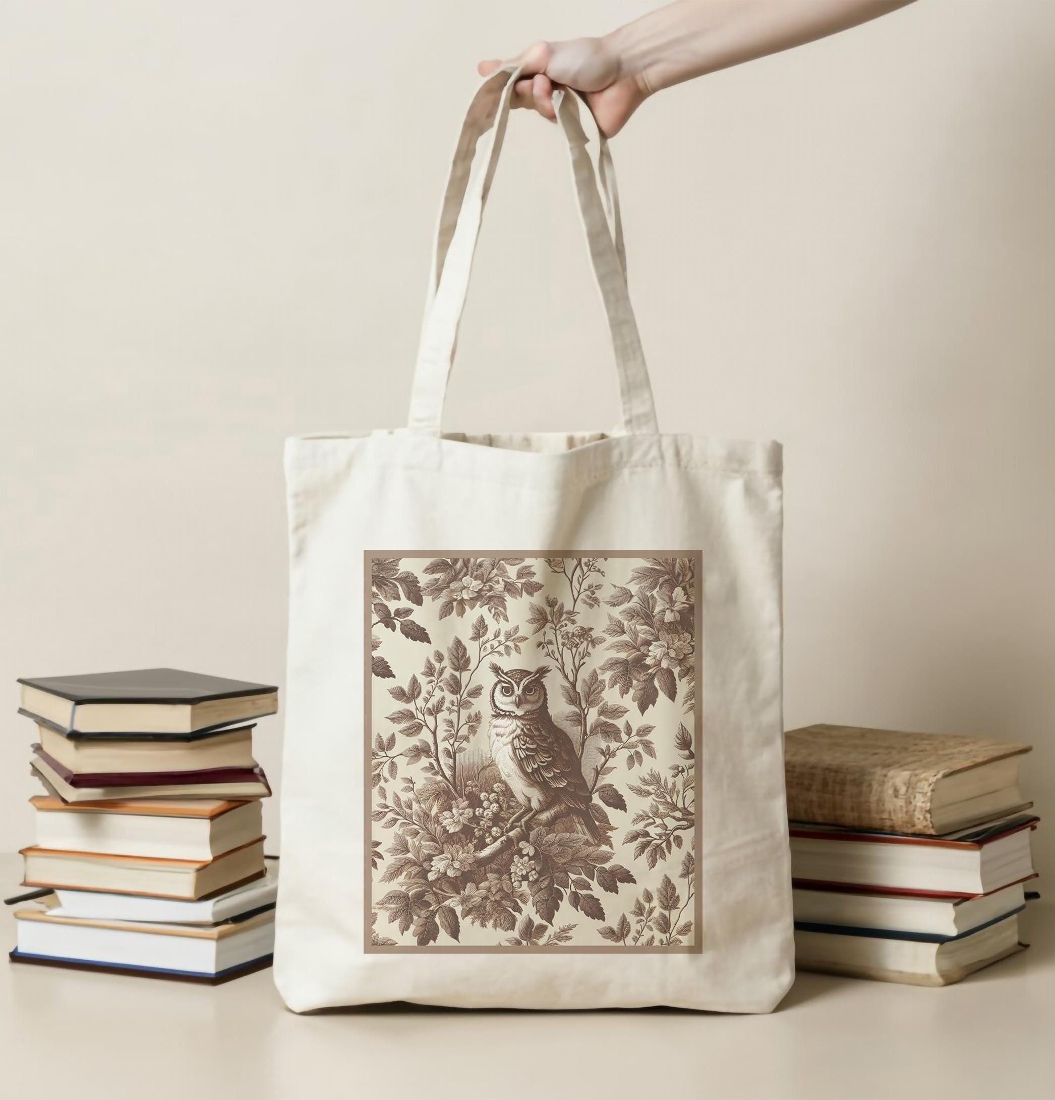 Owl print canvas fabric shopping tote bag French country toile owl tote bag gift owl lover woodland 