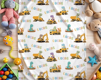 Personalized Construction Truck Blanket Kids Custom Name Dinosaur Truck Blanket Excavator Bulldozer Toddler Blanket Construction Lover Gift