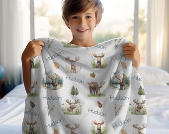 Personalized Kids Moose Blanket Custom Name Velveteen Canadian Moose Blanket Gift Woodland Moose Nursery Blanket Baby Shower Toddler Gift