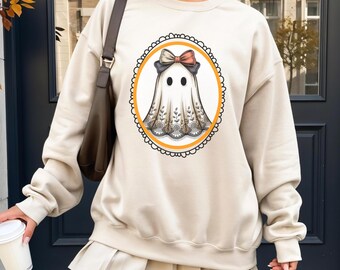 Halloween kanten spooktrui, kokette spooktrui met ronde hals, griezelig seizoenscadeau, meisjesachtige Halloweentrui, schattig cadeau voor spookliefhebbers, herfstfeestje