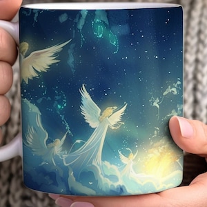 Six beautiful angels are flying in the sky against a navy blue background.