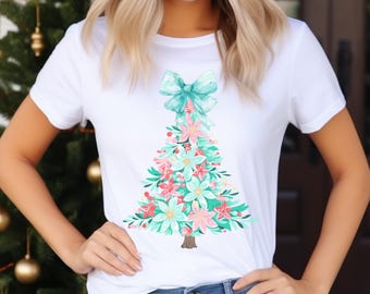 Adretter Weihnachtsbaum Shirt Türkis Bogen Urlaub T-Shirt Minze und Rosa Floral Graphic T Shirt Niedliches Womens Christmas Shirt Geschenk für Sis coquette