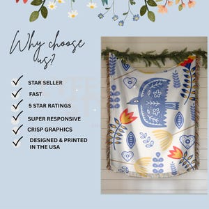May include: A white throw blanket with a blue bird and floral design. The blanket has a fringed edge and a repeating pattern of flowers, hearts, and leaves. Text on the left side reads "Why choose us?" and lists seller benefits.