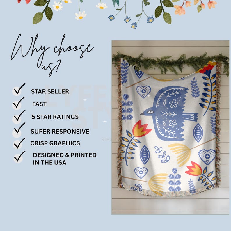 May include: A white throw blanket with a blue bird and floral design. The blanket has a fringed edge and a repeating pattern of flowers, hearts, and leaves. Text on the left side reads "Why choose us?" and lists seller benefits.
