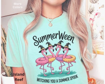 Comfort Colors Tee, Womens Shirt, Summerween, Fun Summerween Shirt, Flamingo Witch Shirt, Tropical Halloween Shirt, Cute Spooky Shirt,