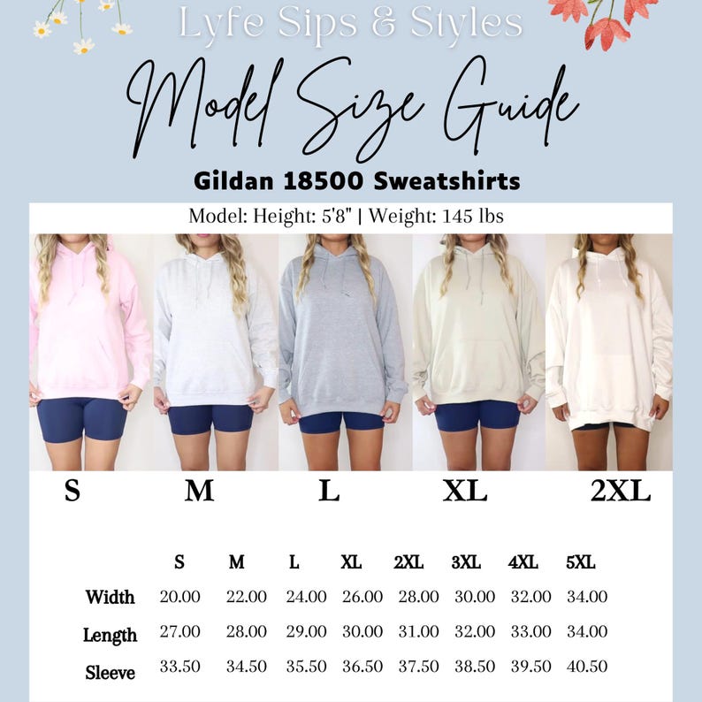 K&ouml;nnte beinhalten: Eine Gr&ouml;&szlig;entabelle f&uuml;r Gildan 18500 Sweatshirts mit dem Titel Lyfe Sips & Styles. Sie zeigt f&uuml;nf Kapuzenpullover in Rosa, Wei&szlig;, Grau, Beige und Wei&szlig;, mit einer Modellgr&ouml;&szlig;e von 173 cm und 66 kg. Eine Tabelle listet Breiten-, L&auml;ngen- und &Auml;rmelma&szlig;e auf.