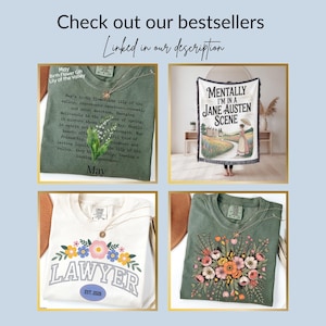 K&ouml;nnte beinhalten: Eine Collage aus vier Artikeln: ein gr&uuml;nes T-Shirt mit Lily of the Valley-Text, eine wei&szlig;e Wohndecke mit Jane Austen-Text und Illustration, ein wei&szlig;es T-Shirt mit dem Wort Lawyer und Blumengrafiken sowie ein gr&uuml;nes T-Shirt mit Blumenstrau&szlig;-Druck.