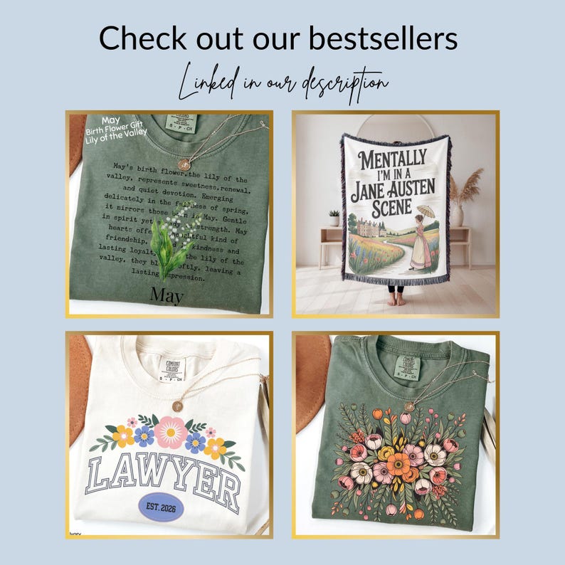 K&ouml;nnte beinhalten: Eine Collage aus vier Artikeln: ein gr&uuml;nes T-Shirt mit Lily of the Valley-Text, eine wei&szlig;e Wohndecke mit Jane Austen-Text und Illustration, ein wei&szlig;es T-Shirt mit dem Wort Lawyer und Blumengrafiken sowie ein gr&uuml;nes T-Shirt mit Blumenstrau&szlig;-Druck.