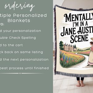 May include: A cream-coloured throw blanket with the text "Mentally I'm in a Jane Austen Scene." The blanket features a woman with an umbrella walking on a path, with a house and field in the background. The blanket has a fringe.