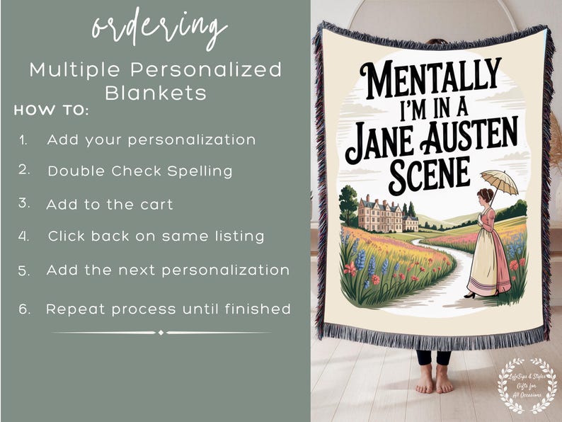 May include: A cream-coloured throw blanket with the text "Mentally I'm in a Jane Austen Scene." The blanket features a woman with an umbrella walking on a path, with a house and field in the background. The blanket has a fringe.