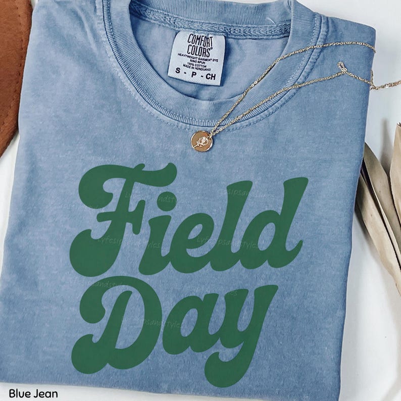 May include: A blue jean Comfort Colors t-shirt with the words "Field Day" in green, retro-style lettering. A gold necklace with a small pendant is draped across the shirt. The shirt is size small.
